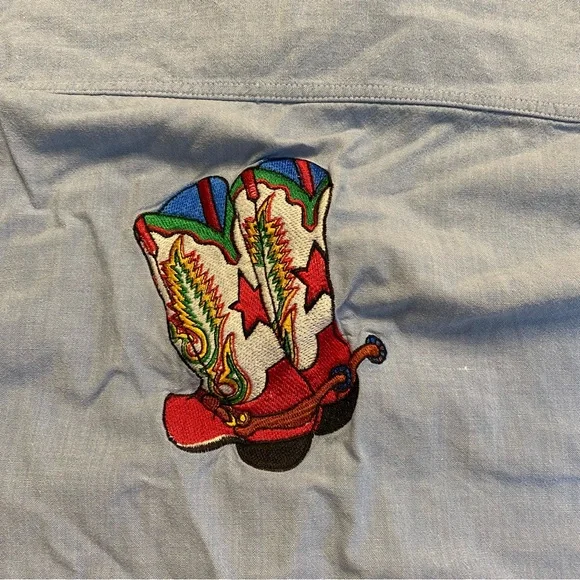 Casey Coleman Cotton Shirt Women's XL Blue Embroidered Cowboy Boots Button Up - Picture 8 of 11